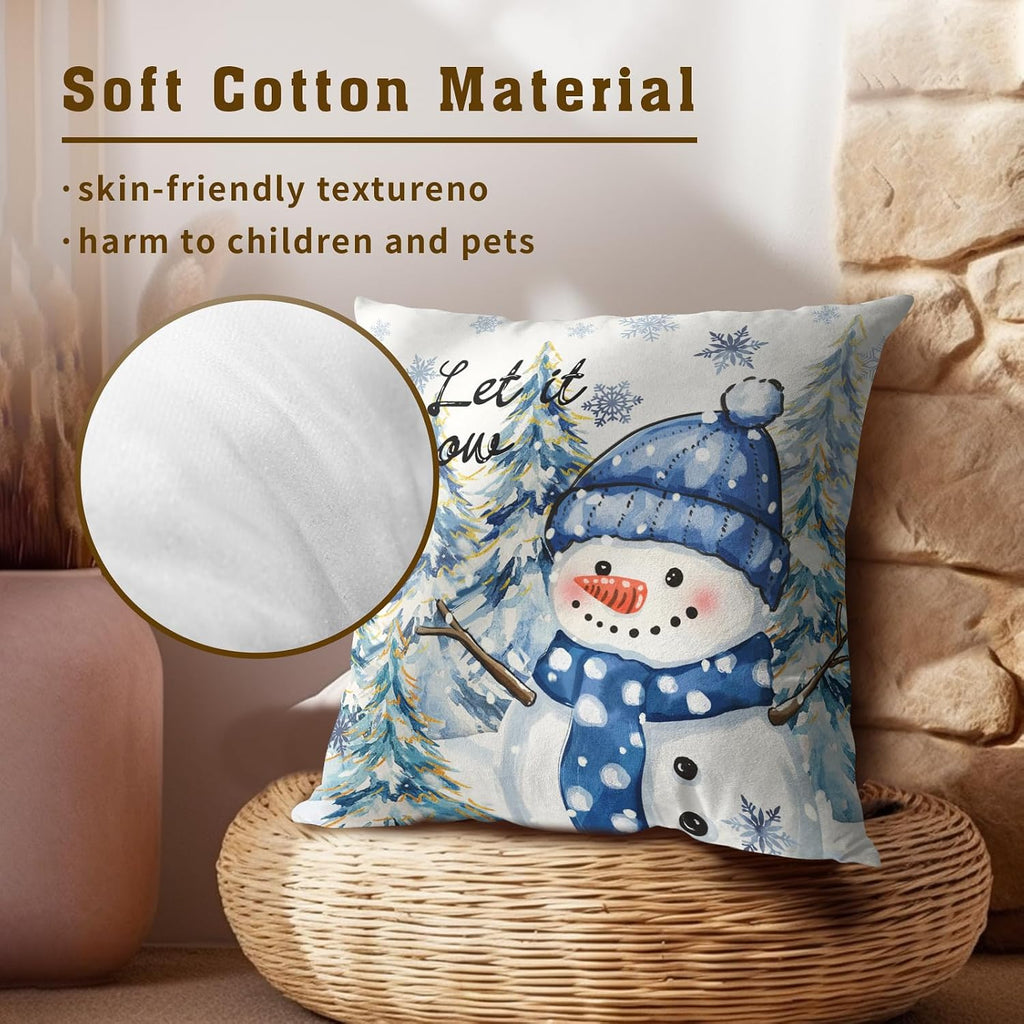 Winter Throw Pillow Covers 18x18 Inch Snow Snowman Pine Trees Holiday Cotton Hidden Zipper Pillowcases - Set of 2