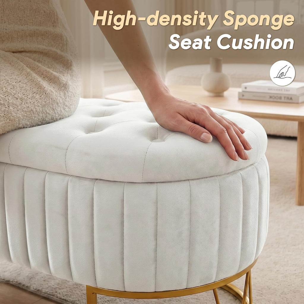 Velvet Oval Upholstered End of Bed Bench with Golden Metal Legs, 46' Modern Tufted Storage Ottoman Bench , Window