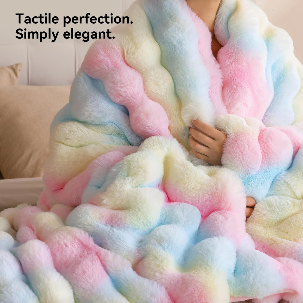 Faux Fur Throw Blanket, Rainbow Bubble Blanket 50"x60"