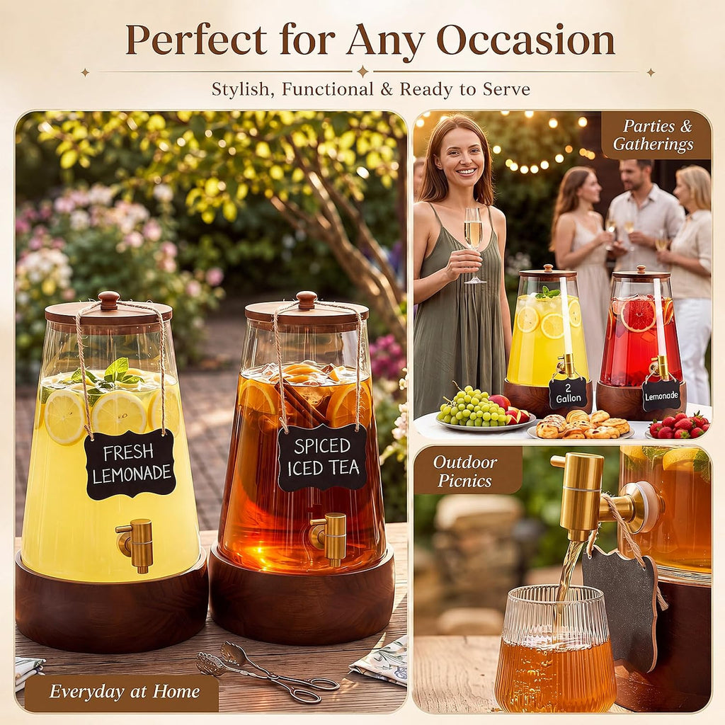 Sets 2 Gallon Glass Drink Dispenser for Parties Large Beverage Dispenser with Wooden Base Stand & Stainless Steel - Set of 2
