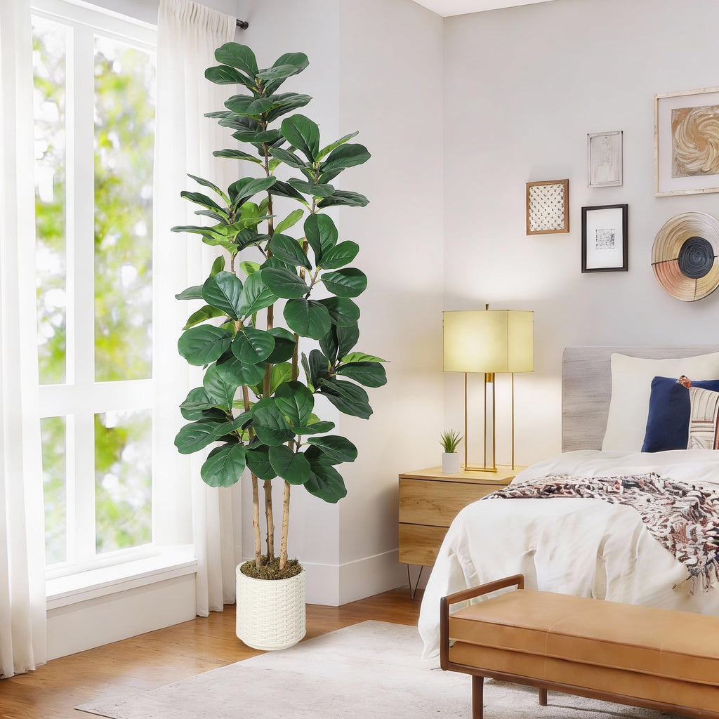 Faux Fiddle Leaf Fig Tree 7 FT, Artificial Tree with Lifelike Trunk & Glossy Leaves, Bendable Boughs for Custom Look