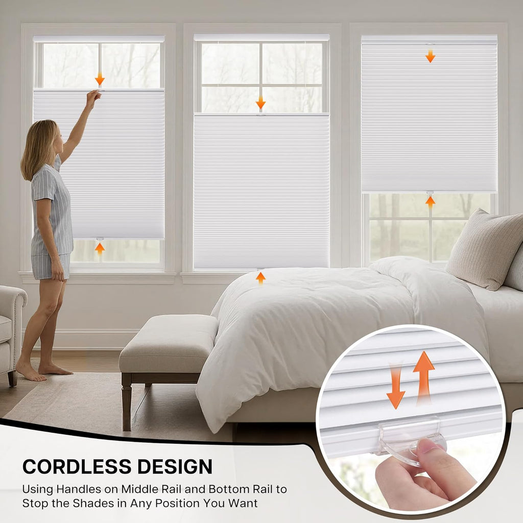 Top Down Bottom Up Cordless Cellular Shades, White | Blackout Light Blocking Honeycomb Shades Thermal Insulation