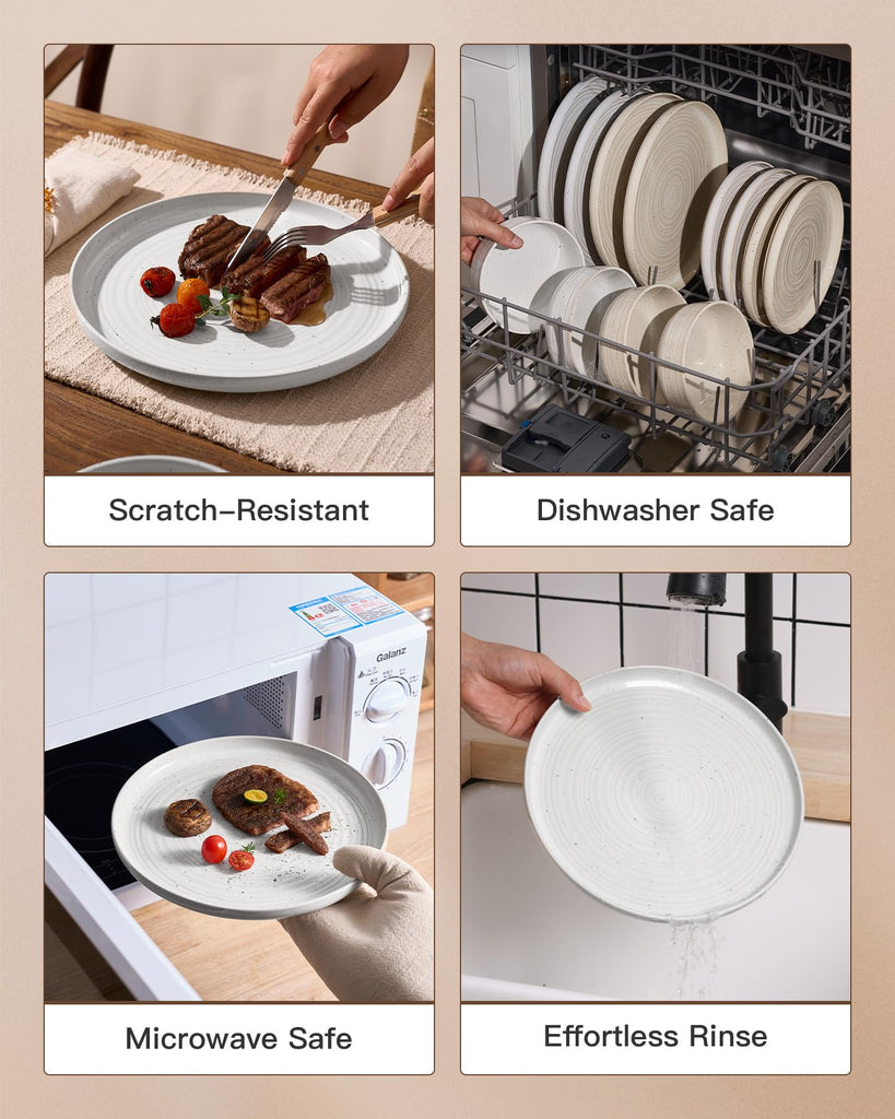 Stoneware Dinnerware Sets for 4, Coupe Plates & Bowls, White Reactive Glaze