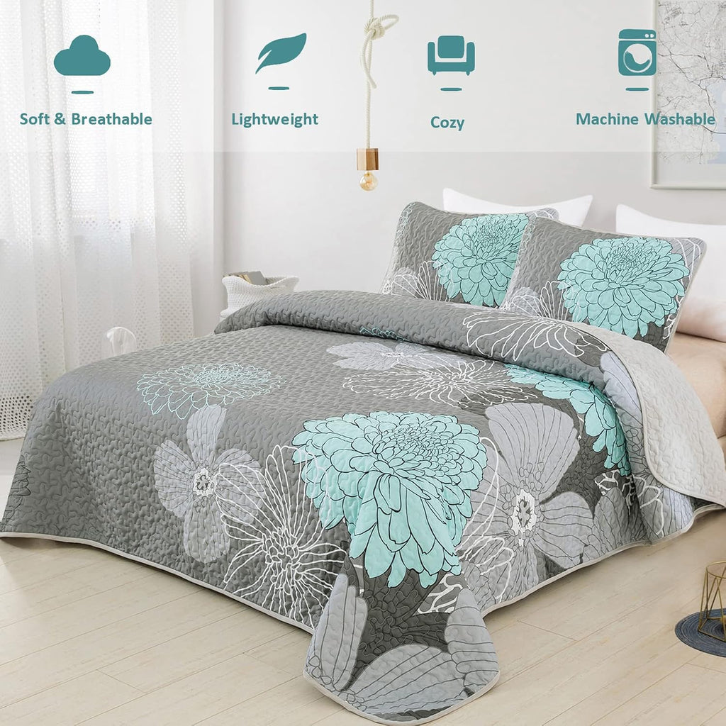 Green Floral Queen Quilt Set - 3 Pieces Boho Flower Quilt Coverlet Elegant Bohemian Bedspread with 2 Pillowcases Soft