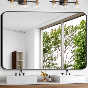 Large Bathroom Mirror, 60 x 40 inch Black Rectangle Mirror, Metal Framed Rectangular Vanity Mirror, Rounded Corner