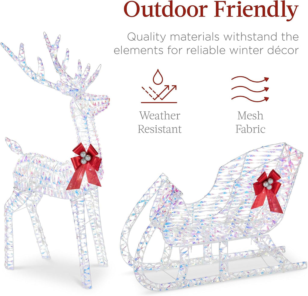 Lighted Christmas 4ft Reindeer & Sleigh Holiday Outdoor Yard Decoration Set w/ 205 LED Lights, Stakes, Zip Ties