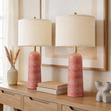 27.25" Modern Table Lamp Set of 2, Red Resin Table Lamps with Stone Look, Lamps with Linen Shades, Bedside Lamps