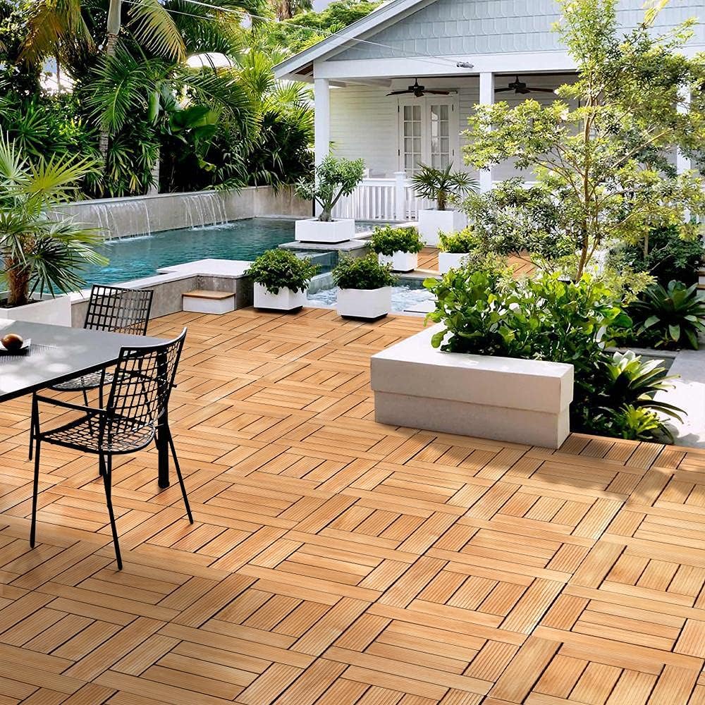 27PCS Natural Wood Deck Tiles Interlocking Patio Deck Tiles Solid Wood and Plastic Indoor&Outdoor 12 x 12in