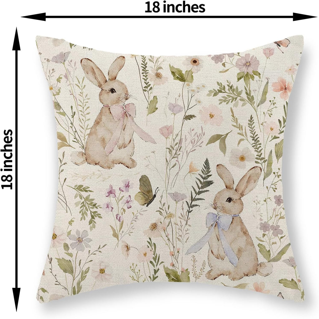 Spring Easter Pillow Covers 18x18 Inch Botanical Watercolor Floral Bunny Throw Pillows Flower Rabbit - Set of 2