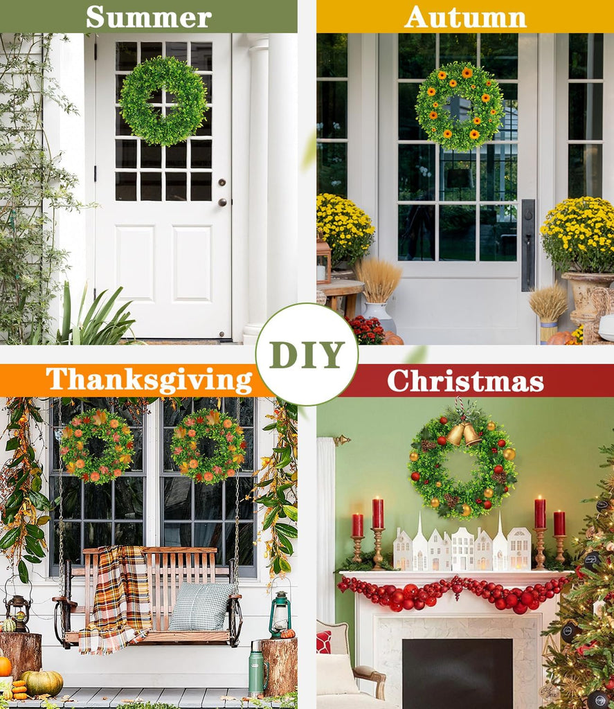 18in Boxwood Wreaths for Front Door, Artificial Preserved UV Resistant Green All Seasons Winter Spring Summer Door