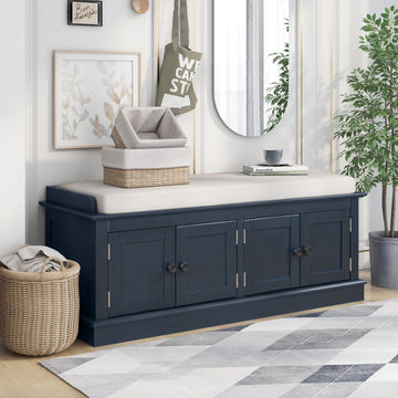 42.7" Shoe Storage Bench with Padded Seat Cushion, 2-Tier Entryway Bench with 4 Doors and Adjustable Shelves, Shoe