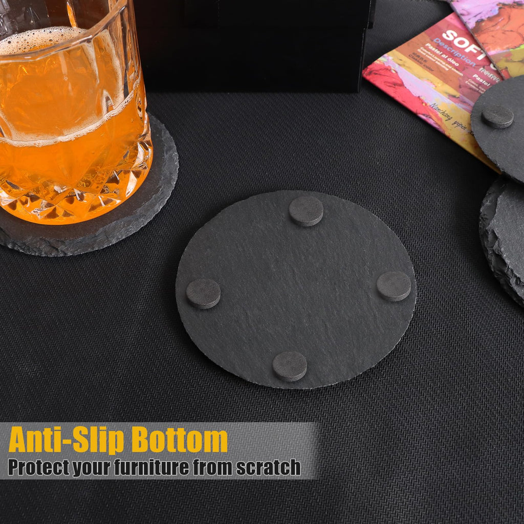 12 Pack 4 Inch Round Slate Drink Coasters with Metal Holder