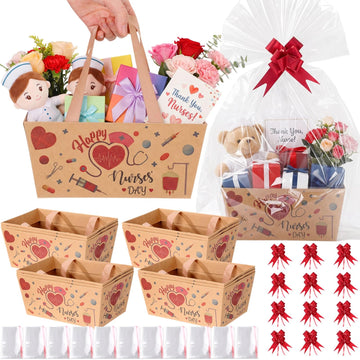 12 Pack Nurse Week Gift Baskets, Kraft Paper Nurses Week Gift Basket Set with Cellophane Bags & Ribbon for Labor and