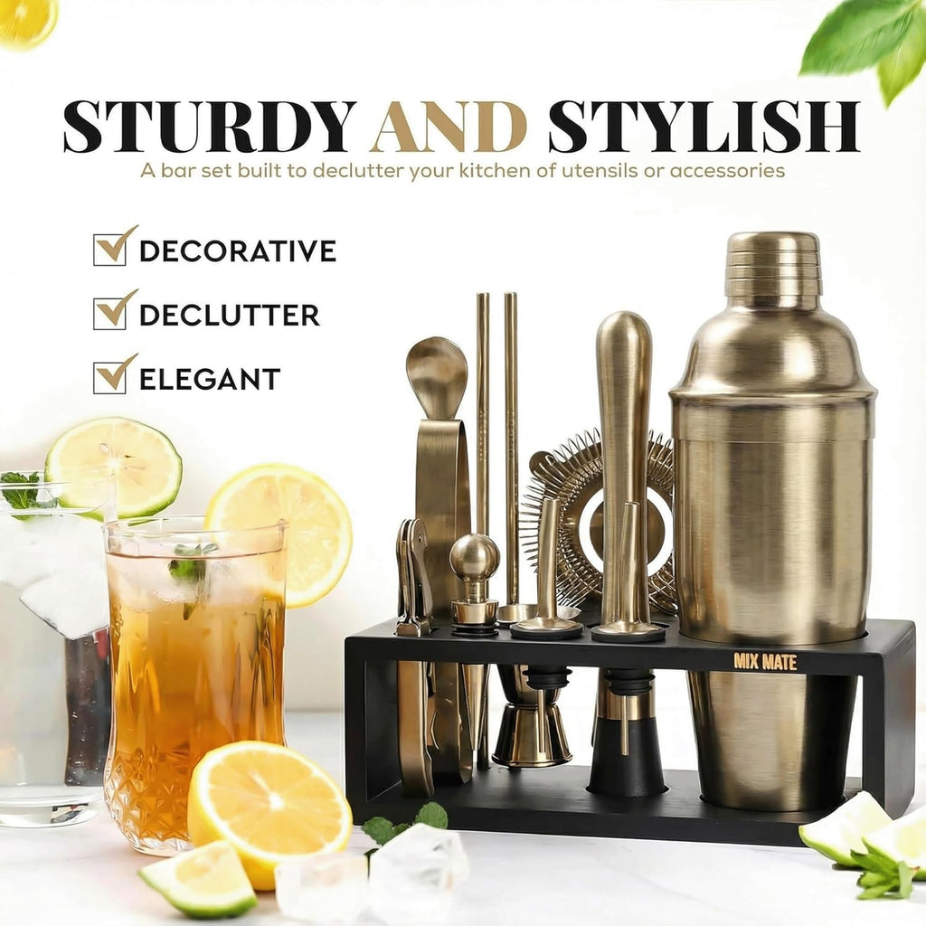 Brushed Brass Mixology Kit - Bar Tool Set, Silver Bar Set Cocktail Shaker Set for Drink Mixing - Includes - Set of 15