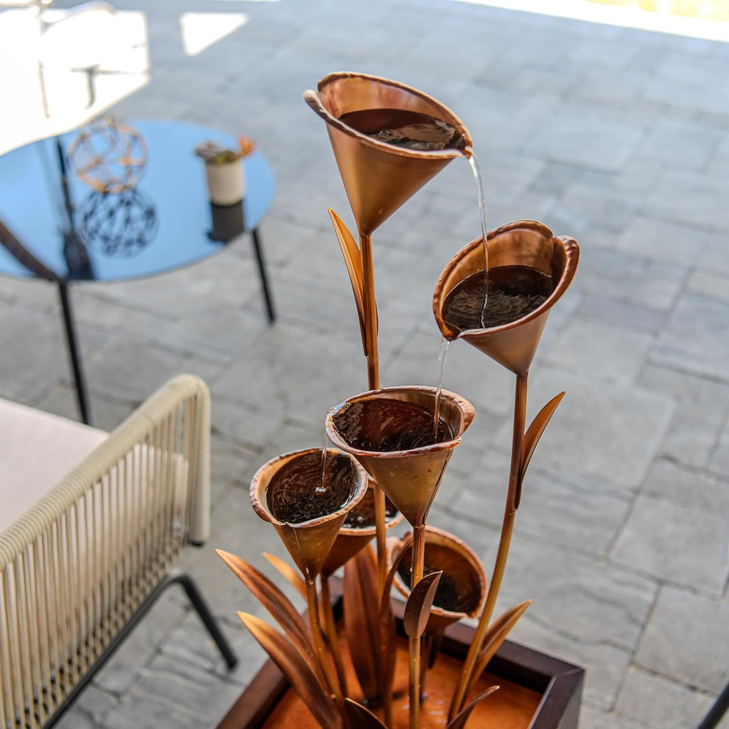46" Tall Bronze Metal Sculptural Flower Multi-Tier Freestanding Water Fountain for Indoor & Outdoor Use