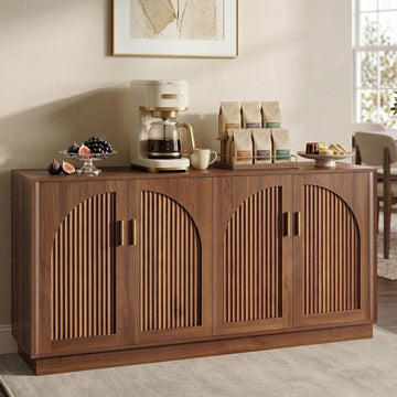 63" Fluted Sideboard Buffet Cabinet with Storage, 4 Arched Doors, Mid Century Modern Accent Cabinet, Credenza, Media