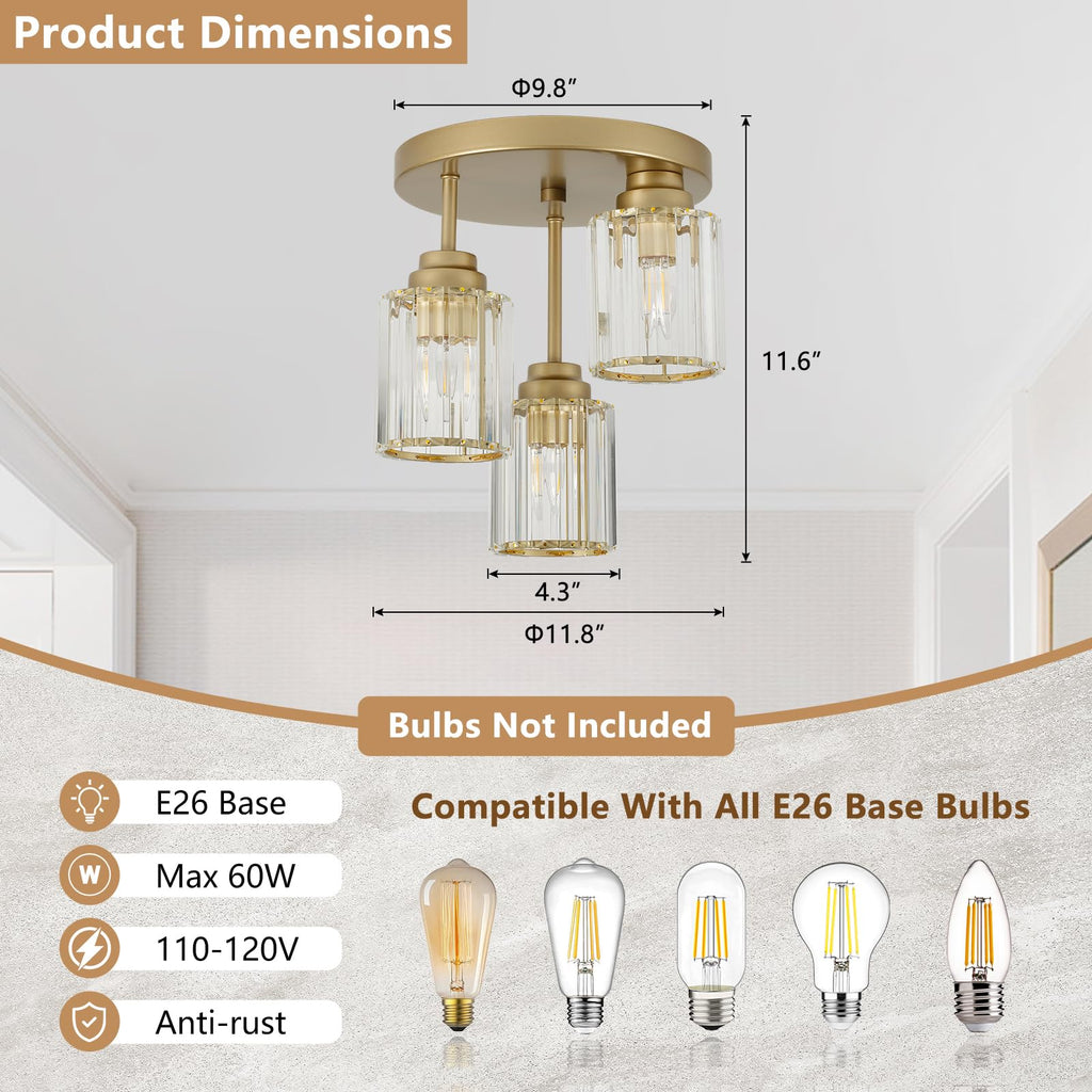 3-Light Champagne Gold Semi Flush Mount Ceiling Light, Modern Ceiling Light with Clear K9 Crystal Shade, E26 Base