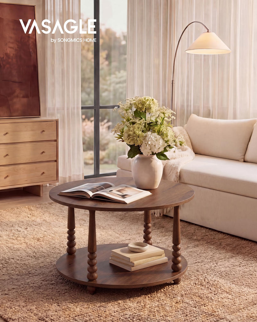 2-Tier Round Coffee Table with Storage, Solid Wood Legs