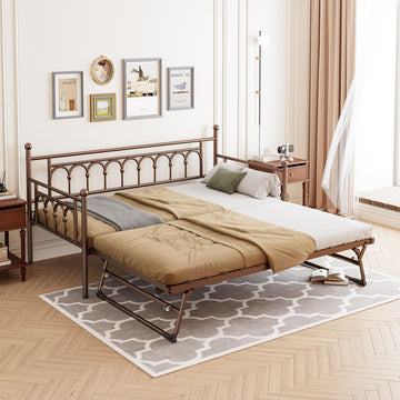 Upgraded Metal Day Bed with Trundle Bed Twin Daybed with Trundle Twin Size, Space Saving Daybed with Pop Up Trundle