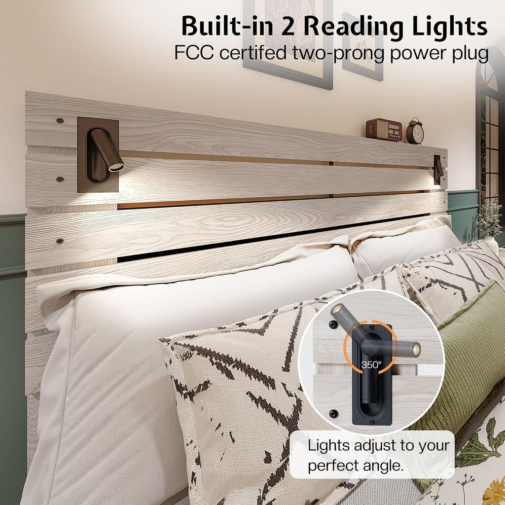 Queen Farmhouse Bed Frame with 51" Barn Door Headboard, LED Reading Lights, Platform Bed Frame with Wood Slats, Under
