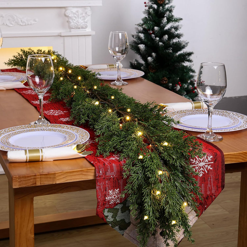 6.2 FT Prelit Christmas Cedar Garland 2 PCS, Realistic Artificial Pine Needle Faux Cypress Greenery with 20 Lights