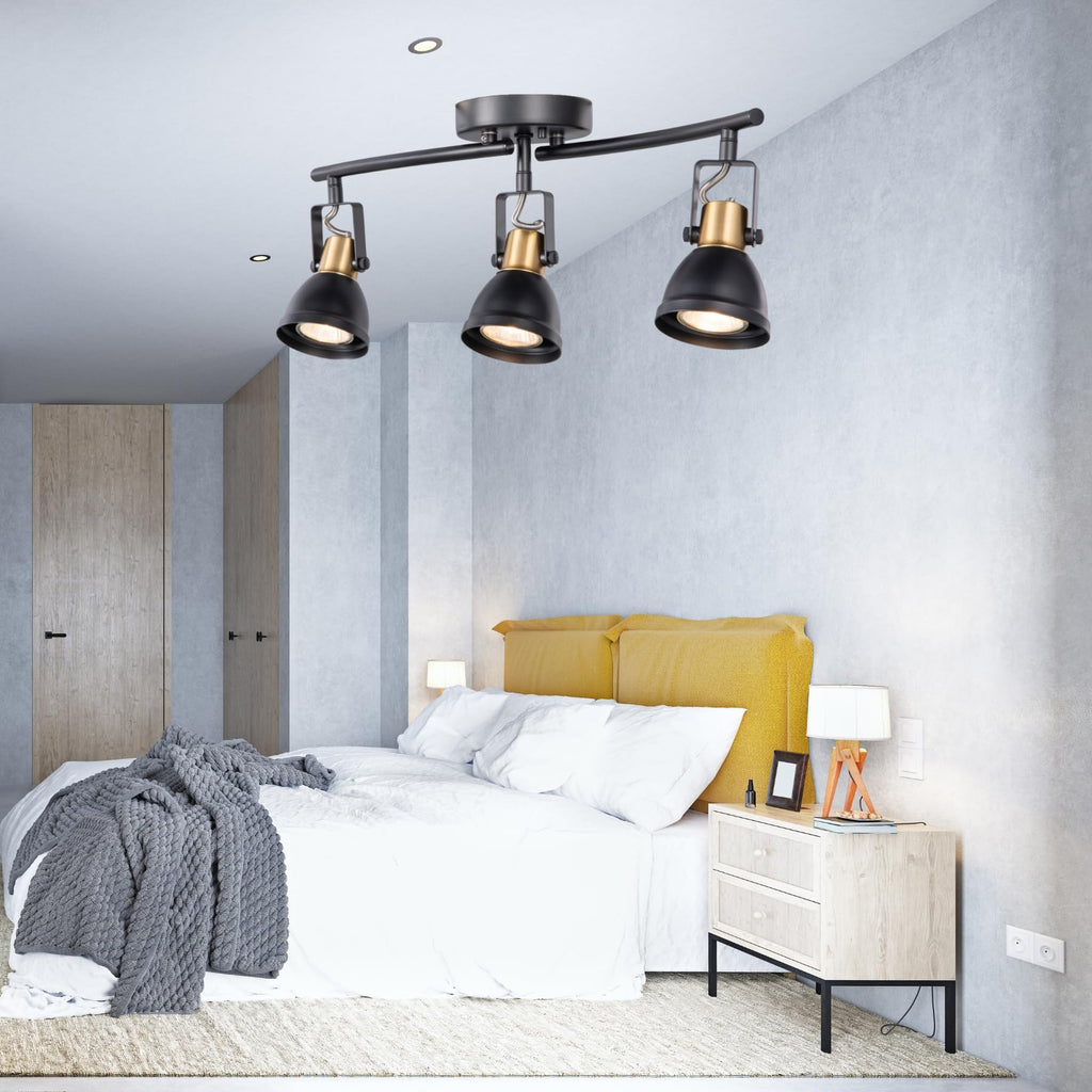 3 Light Foldable Track Lighting Kit, Matte Black Brass Finish Pivot Shades Rotatable Arm with GU10 Socket Modern