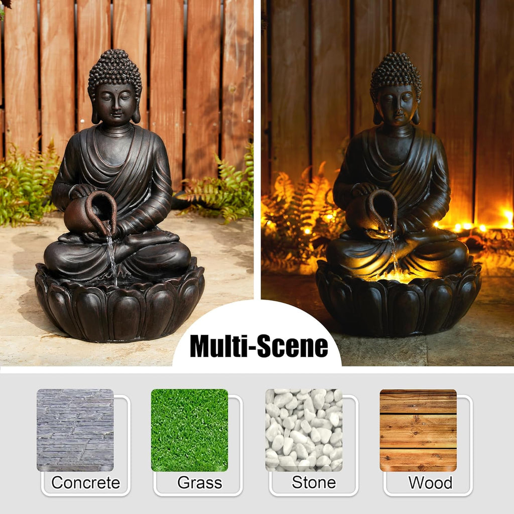 Buddha Fountain Outdoor 2 Tier Zen Style Buddha Water Fountains with Pump & LED Light, Buddha Fountains