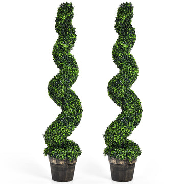4FT Artificial Spiral Boxwood Topiary Tree, 2 Pack Greenery Large Faux Plant in Cement-Filled Plastic Pot, Tall Fake