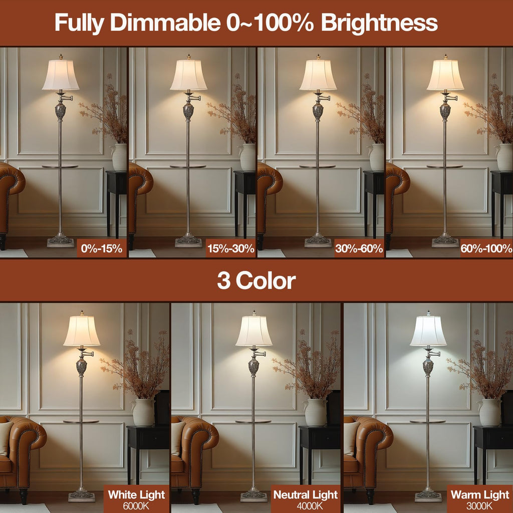 Traditional Floor Lamp with Tray, Remote Dimmable,350° Swing Arm and Silver