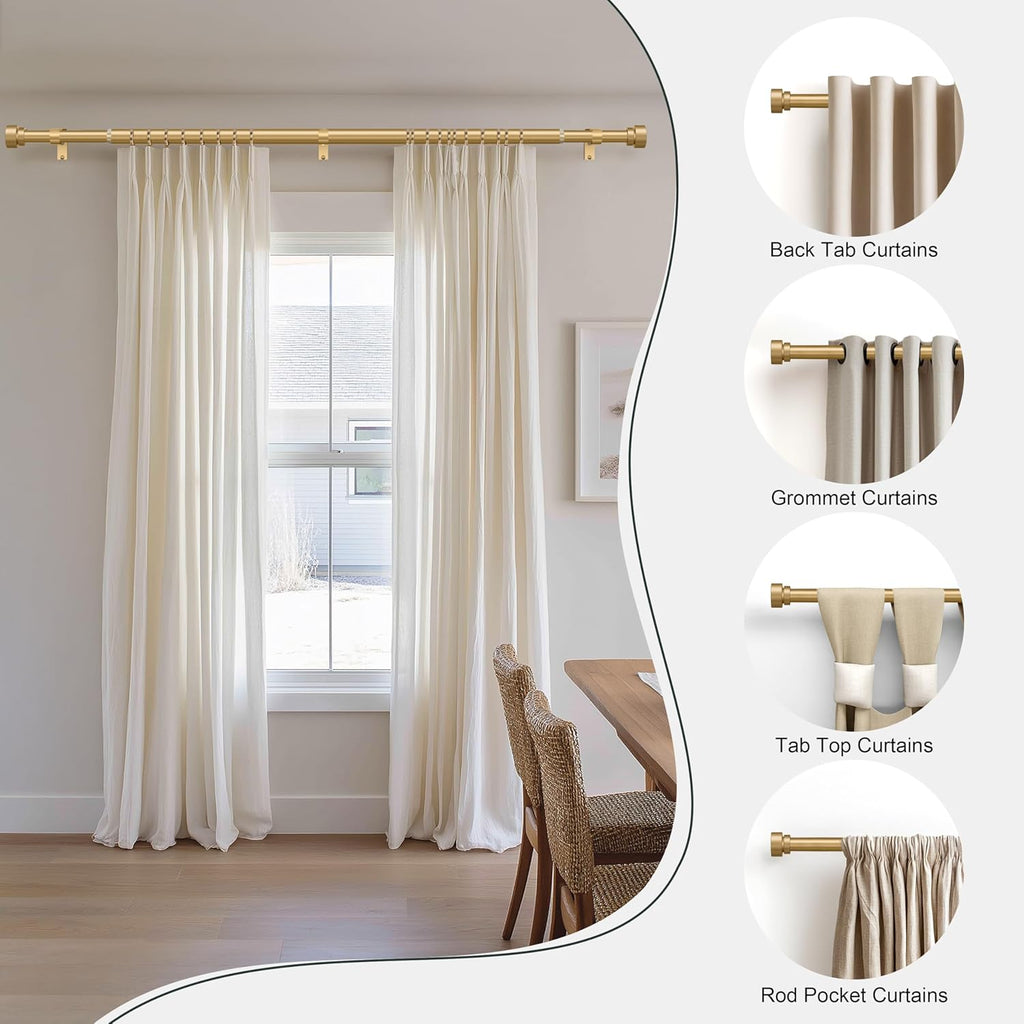 Gold Heavy Duty Curtain Rods for Windows 66 to 120 Inches Adjustable Length 1" Diameter Brass Curtain Rod with Modern