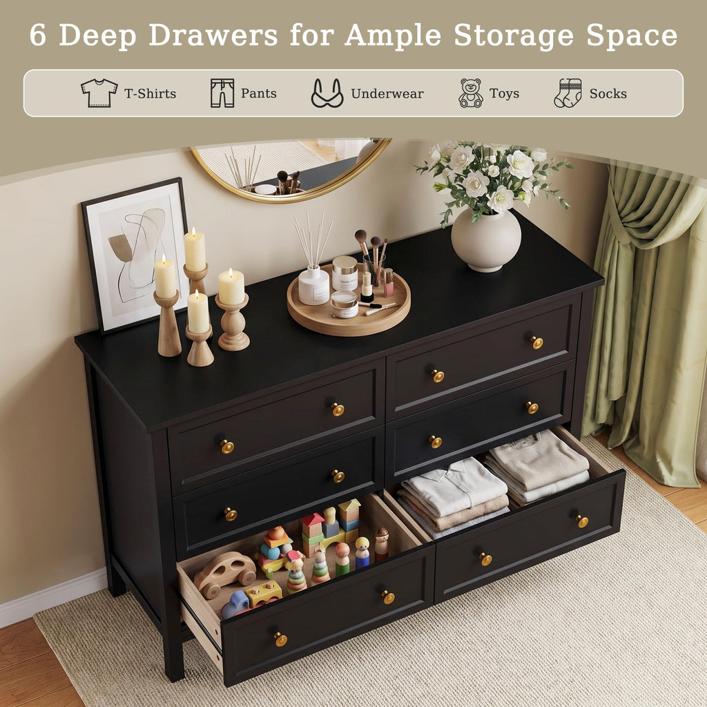 47" Black Dresser with Modern Gold Handles & 6 Drawer