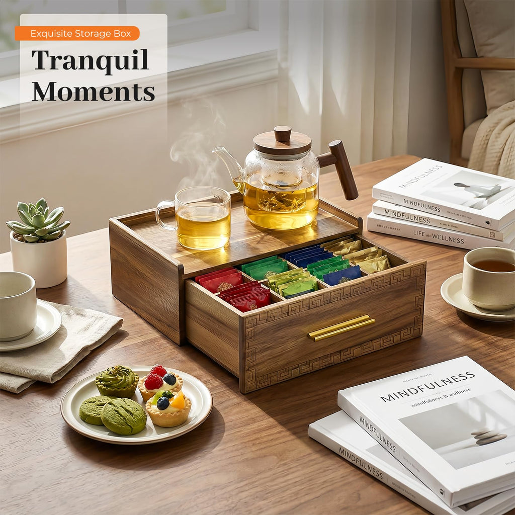 Acacia Wood Tea Bag Organizer with Storage Drawer | 8 Compartments Tea Caddy with Pattern Carving & 2 Ceramic