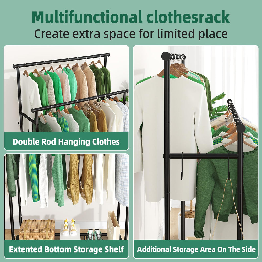 Double Rods Clothes Rack with Wheels Load 400 LBS, 45 Inch Rolling Clothing Rack for Hanging Clothes, Heavy Duty