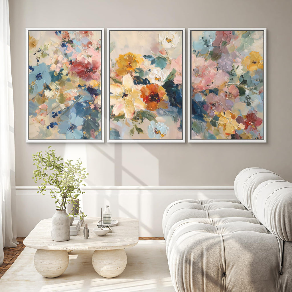 Framed Canvas Print Wall Art Set Colorful Abstract Floral Modern Impressionist Flower Illustrations Modern Scenic