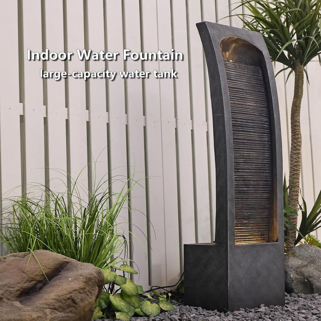 Modern Indoor Water Fountain Curved Faux Slate Waterfall Fountain with LED Lighting, 42.5-Inch Tall Tiered Waterfall