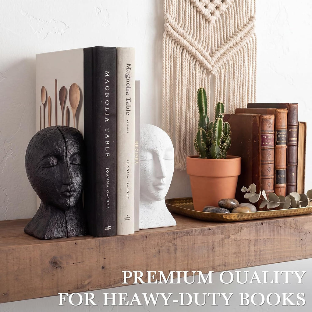 Heavy Duty Book Ends for Shelves, Solid Concrete Sculptural Faces Bookends for Heavy Books, Modern Decorative Book