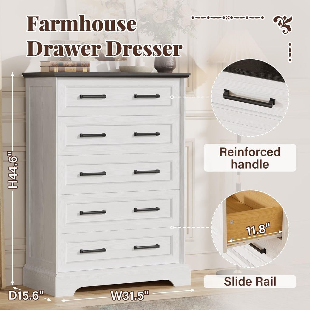 Farmhouse Dresser, 5 Drawers Dresser, White & Black