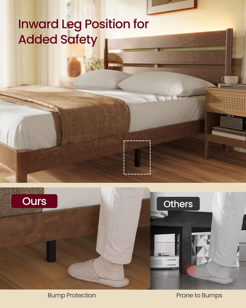 Queen Bed Frame, Wood Platform Bed with Headboard Storage Shelf