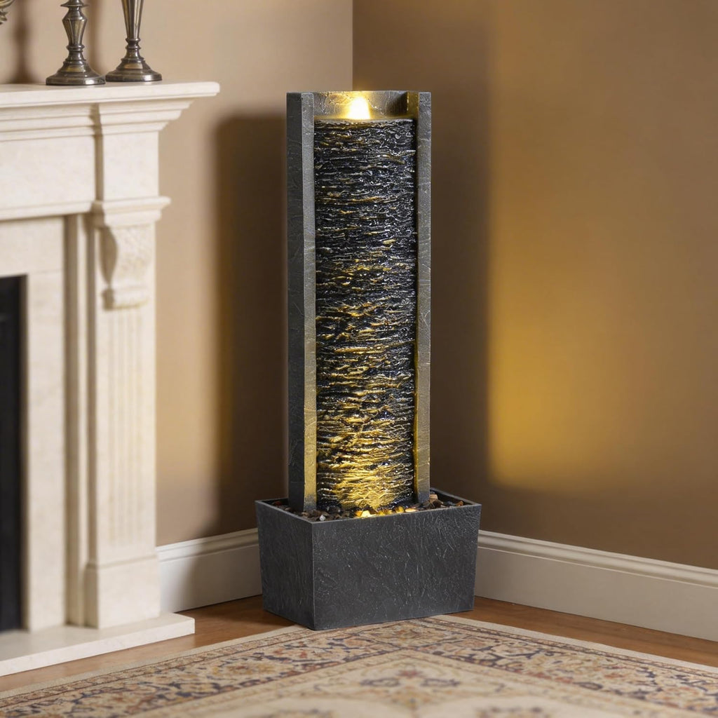 Outdoor Floor Standing Water Fountain with LED Lights, 36-Inch Modern Rectangular Cascading Waterfall Feature
