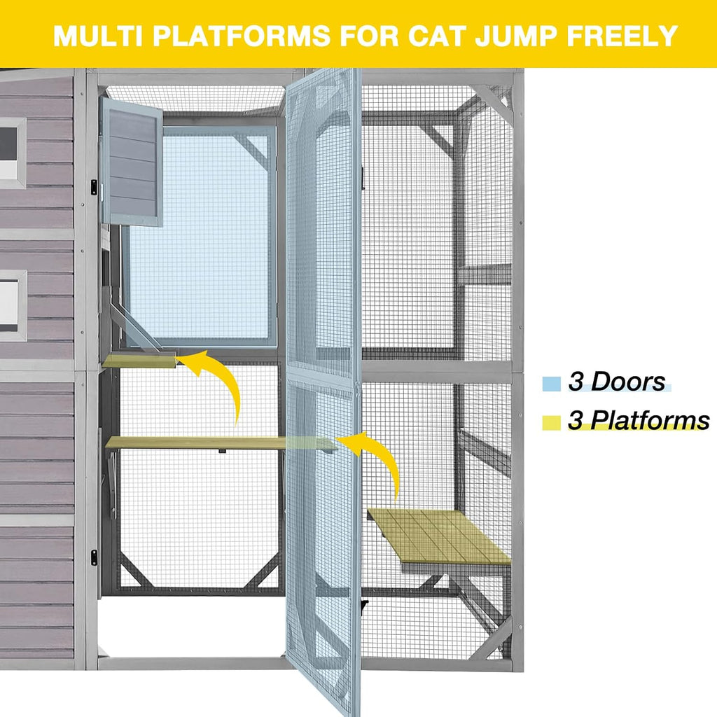 Catio Outdoor Cat Enclosure Feral Cat House Large Kitty Shelter with Run Cat Cage with Platforms 76.8" L x 35.8" W x