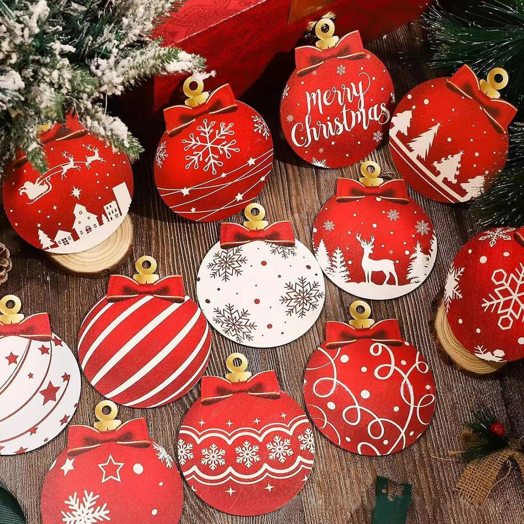 Red and White Christmas Ball Design Hanging Wooden Ornaments Set - Festive Winter Holiday Tree Decorations - Set of 12