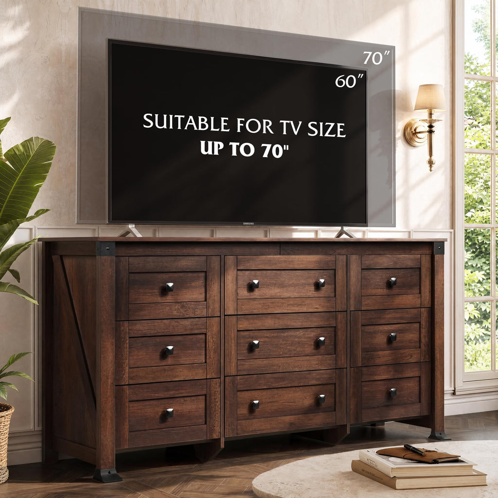 Brown Dresser, 9 Drawer Wooden Chest of Drawers with SGS-Tested Anti-Tip Design, 62 Inch Wide Rustic Dresser TV