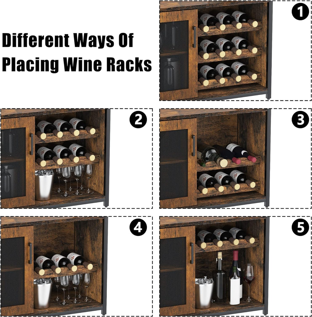 Wine Bar Cabinet with LED Lights, Liquor Cabinet with Storage | 3-Tier Coffee Bar Cabinet with Wine Rack, Glass
