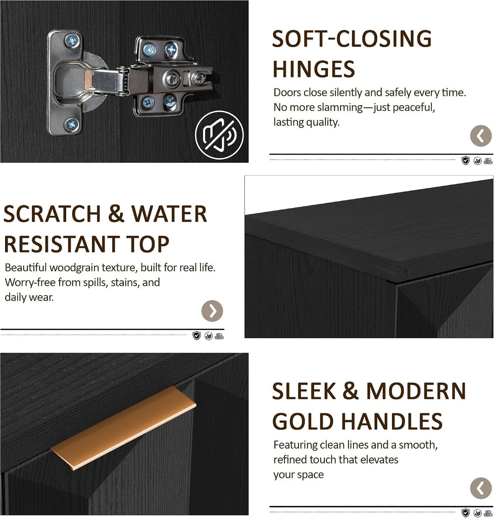 59" Black Sideboard Buffet Cabinet with Storage, Modern Credenza | 3D Geometric Pattern Doors, Adjustable Shelves