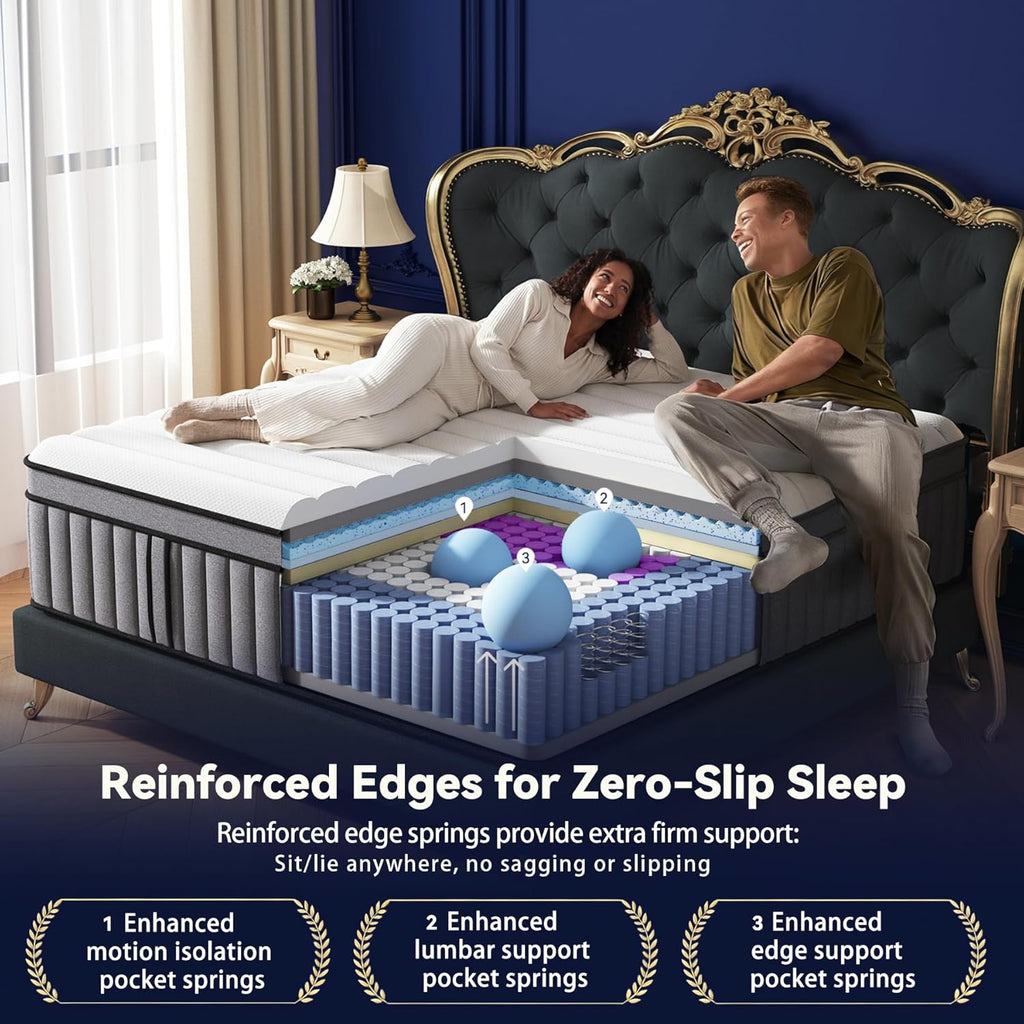 Upgraded Luxury 14 Inch California King Size Hybrid Mattress, Medium Firm | Memory Foam & Pocket Springs, Reinforced