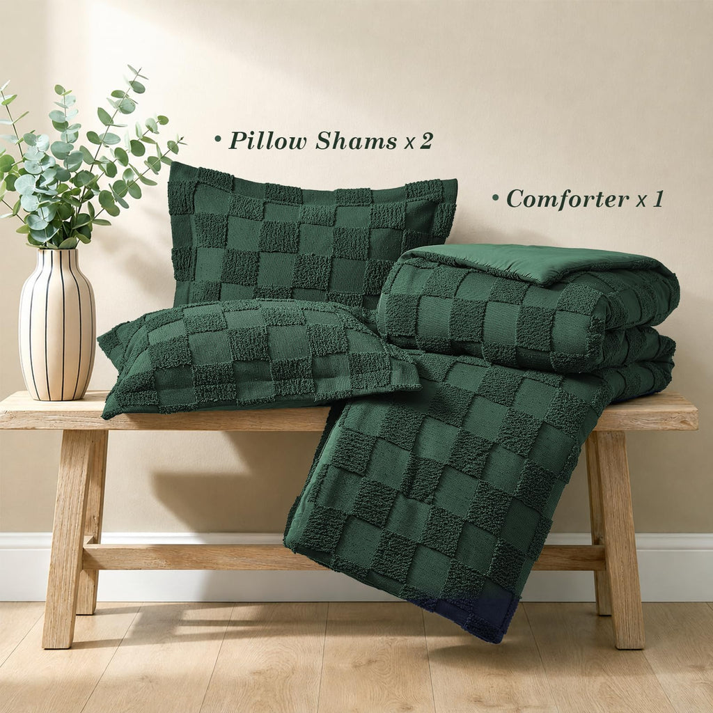 Comforter Set, 3 PC Boho Tufted Bed, Checkered Bedding, Green