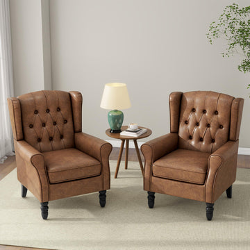 Faux Leather Wingback Accent Chairs, Tufted High Back Armchair, Brown