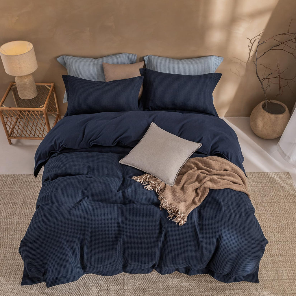 3Pcs Navy Blue Waffle Cotton Duvet Cover Set Super 98x90