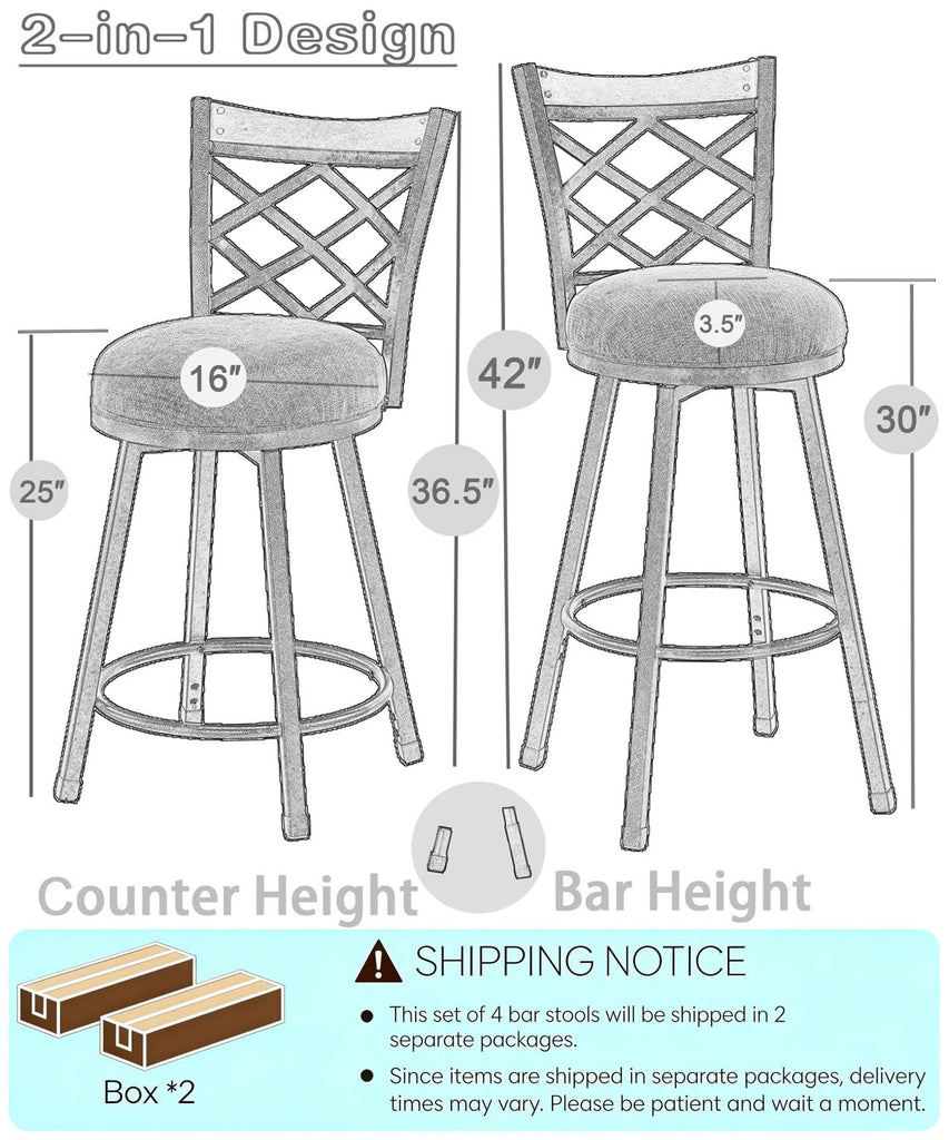 Set of 4 Swivel Bar Stools with Backs, 2-in-1 Adjustable 25"/30" Height, Farmhouse Kitchen Counter Chairs, Industrial