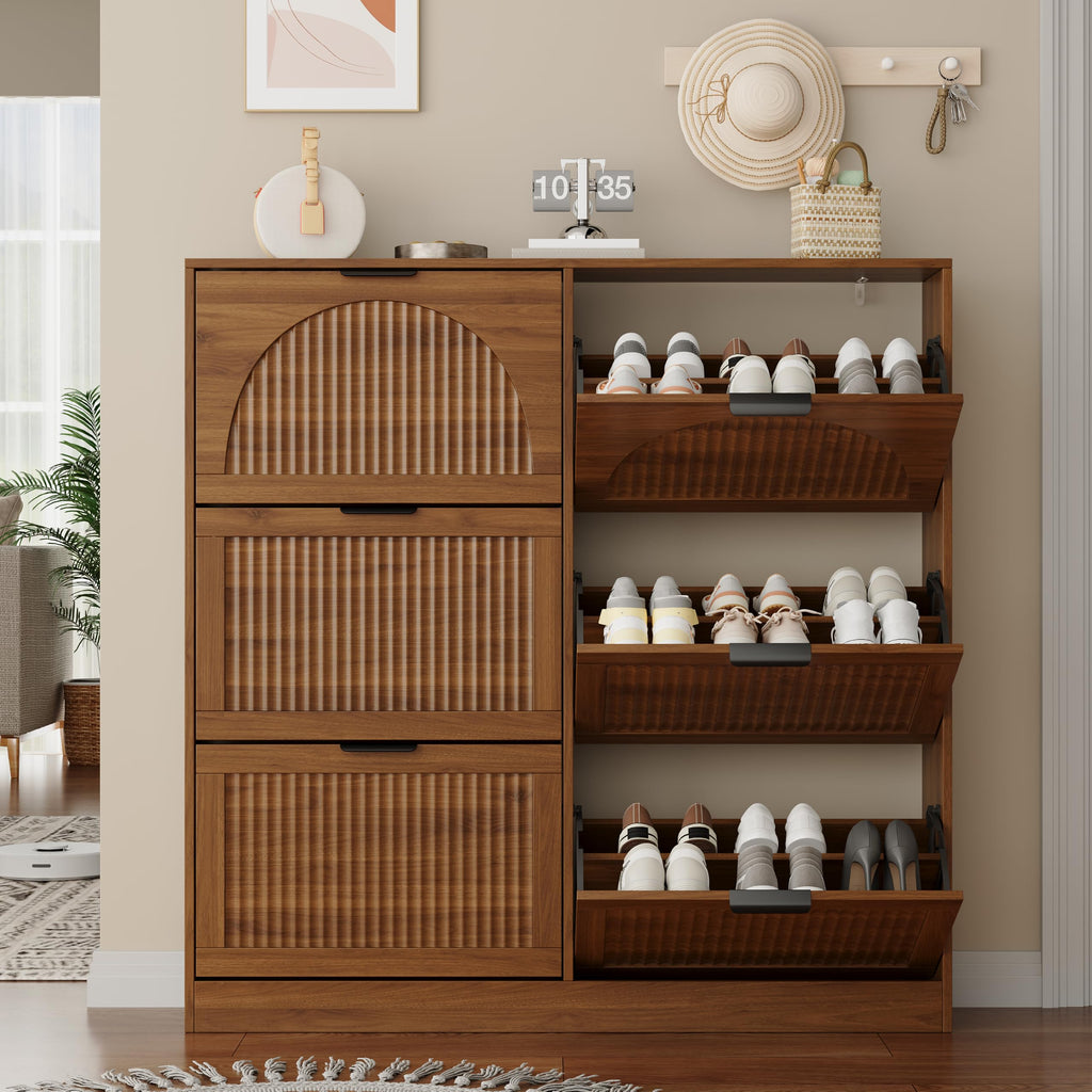 Fluted Shoe Storage Cabinet, 6 Flip Drawers, Walnut